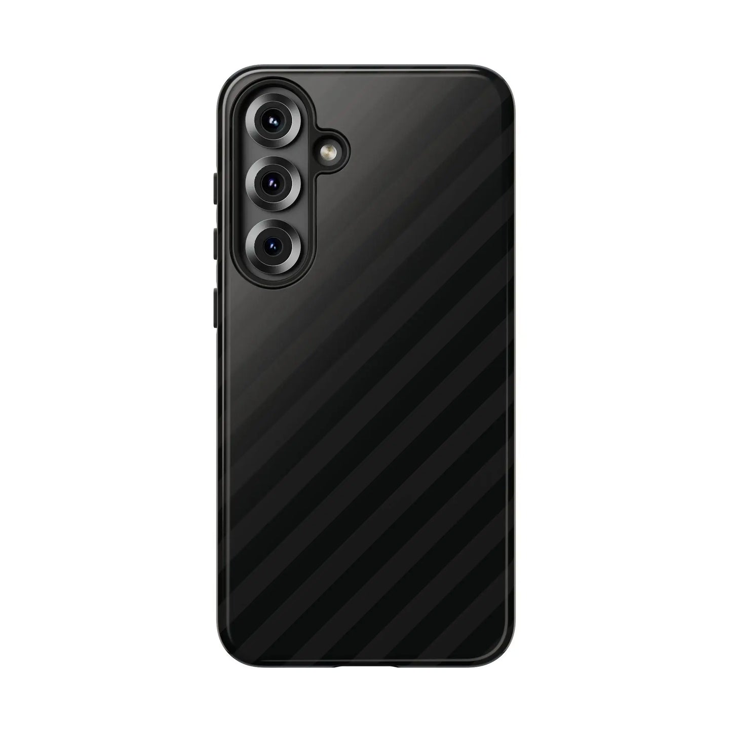 Back of black carbon fiber phone case with three camera lenses and flash in black diagonal pattern tough gloss finish