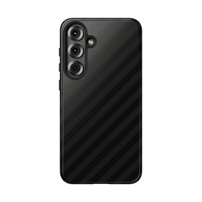 Back of black carbon fiber phone case with three camera lenses and flash in black diagonal pattern tough gloss finish