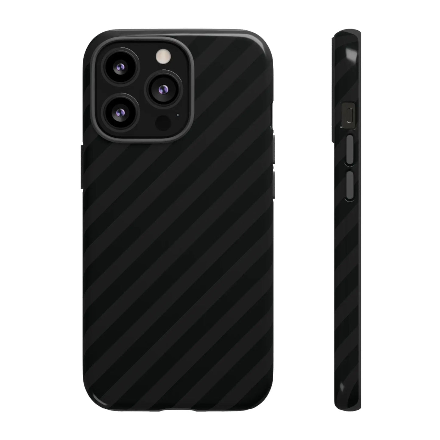 Back of a black diagonal pattern tough phone case with carbon-fiber-like texture and gloss finish protective cover