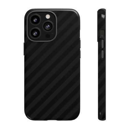 Back of a black diagonal pattern tough phone case with carbon-fiber-like texture and gloss finish protective cover