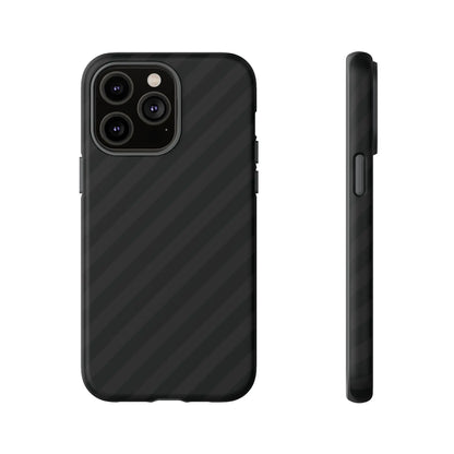 Black carbon fiber phone case with a black diagonal pattern tough gloss finish shown from the back side