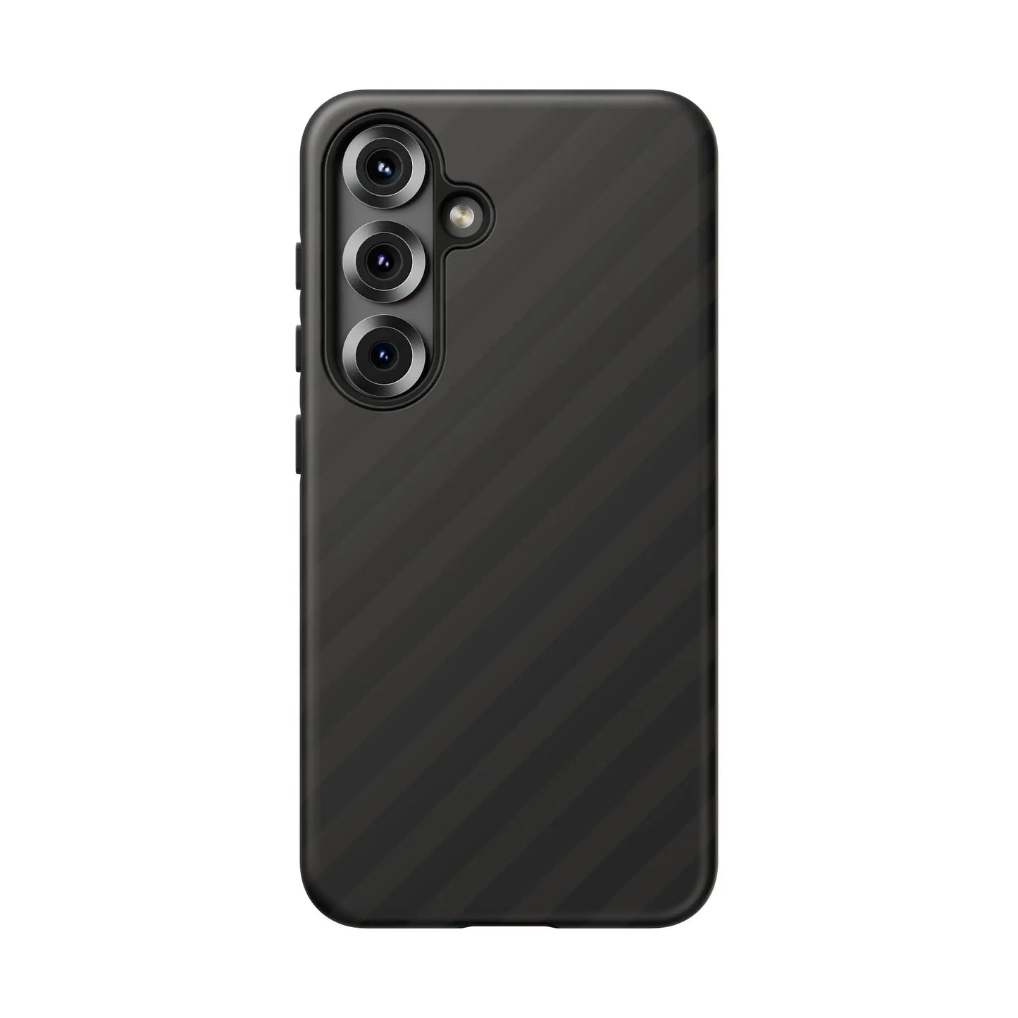 Back side of black carbon fiber-patterned phone case with diagonal pattern tough gloss finish and three camera lenses cluster