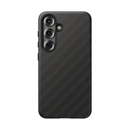 Back side of black carbon fiber-patterned phone case with diagonal pattern tough gloss finish and three camera lenses cluster