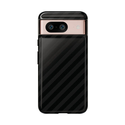 Back side of black carbon fiber phone case with black diagonal pattern tough gloss finish and rose gold trim accents