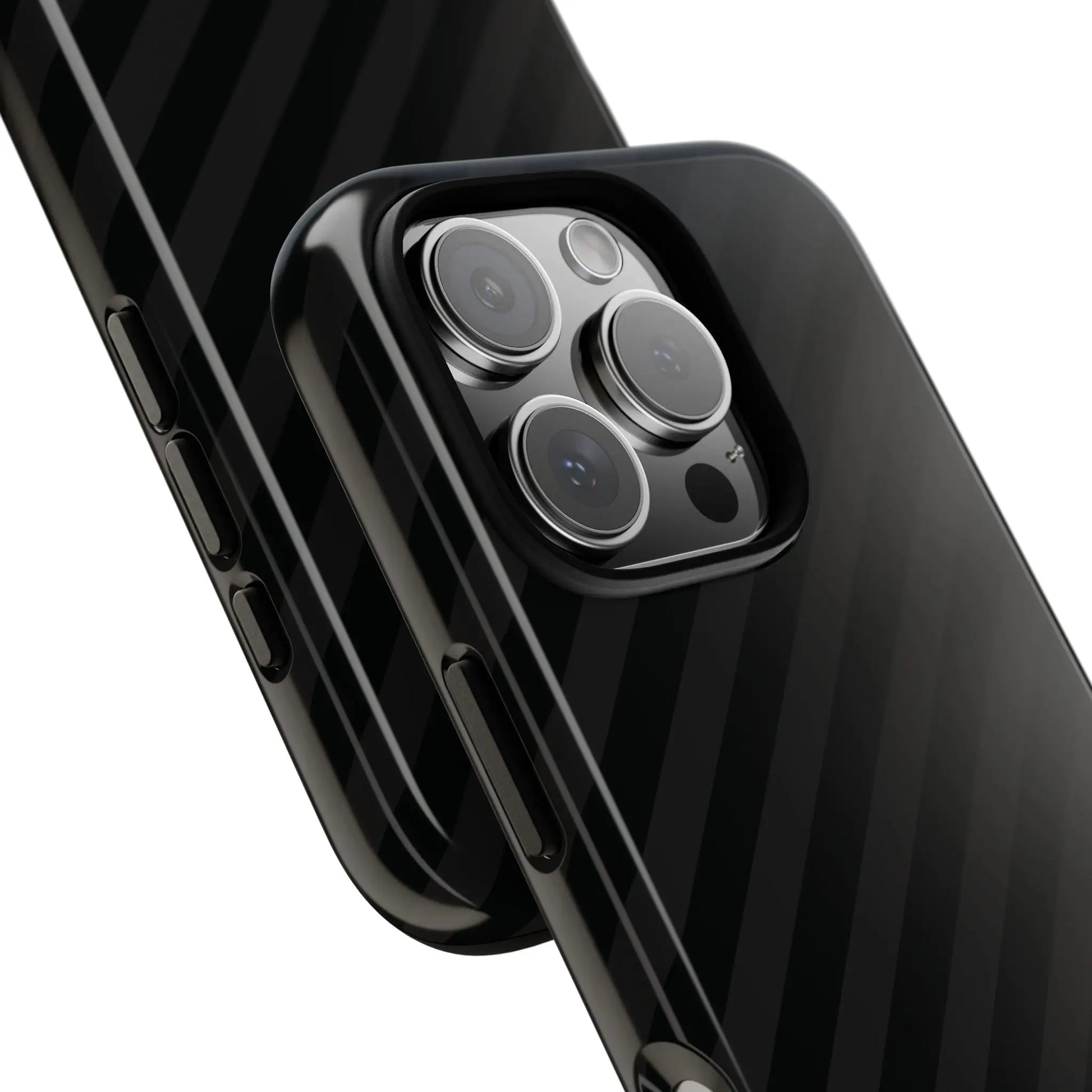 Black carbon fiber textured phone case with a sleek glossy finish and black diagonal pattern tough design back side view