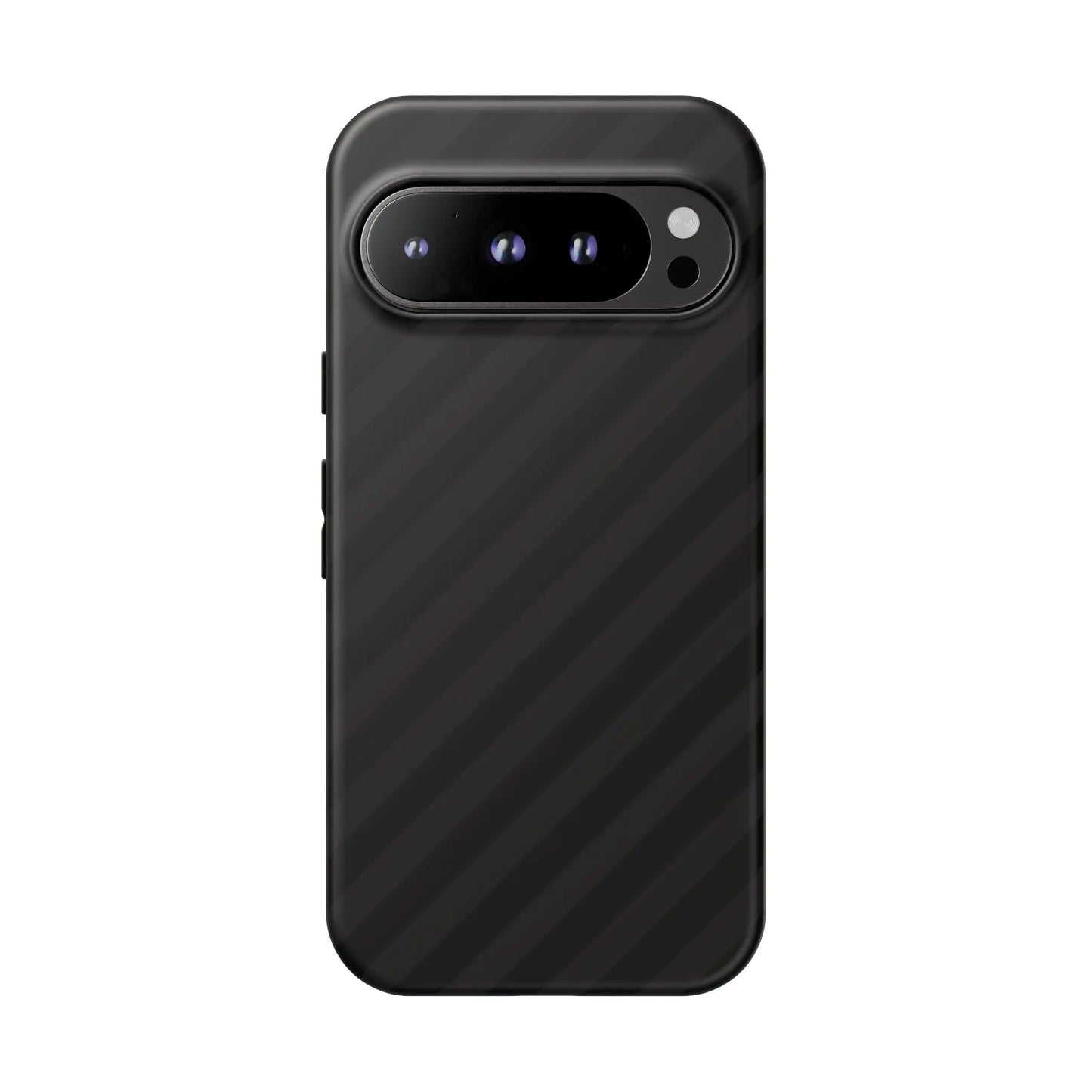 Black carbon fiber textured phone case with black diagonal pattern tough gloss finish and camera cutout on the back side