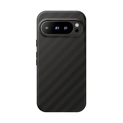 Black carbon fiber textured phone case with black diagonal pattern tough gloss finish and camera cutout on the back side