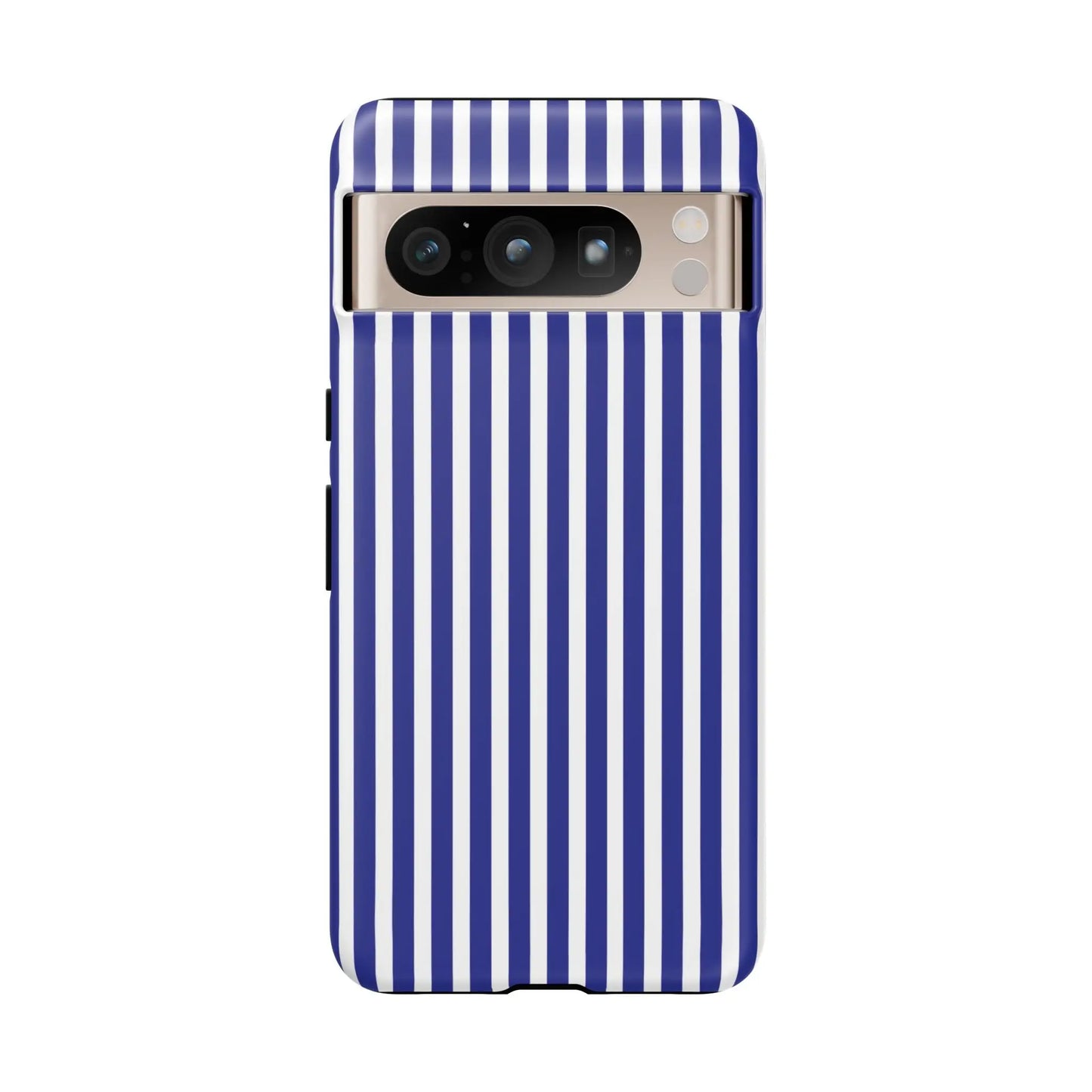 Back of a sleek blue white striped tough phone case with hard shell protection for modern smartphones