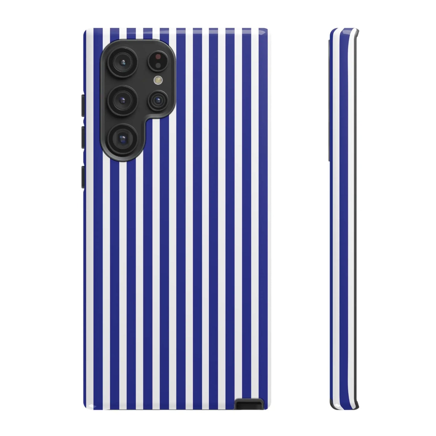 Blue white striped tough phone case with hard shell protective cover and sleek modern design shown from back side