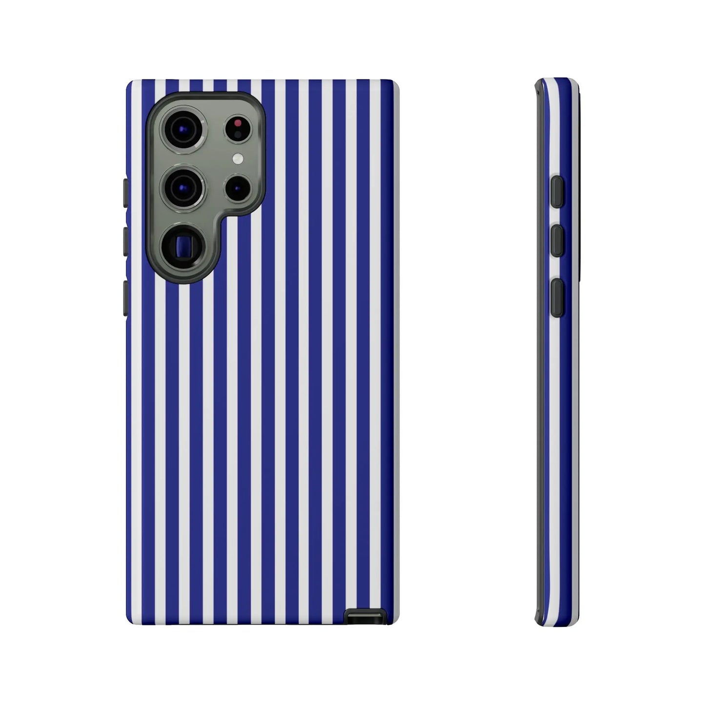 Blue white striped tough phone case back side showing protective hard shell design for phone accessories and protection