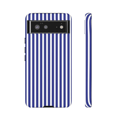 Blue white striped tough phone case with hard shell and sleek modern design shown from the back side