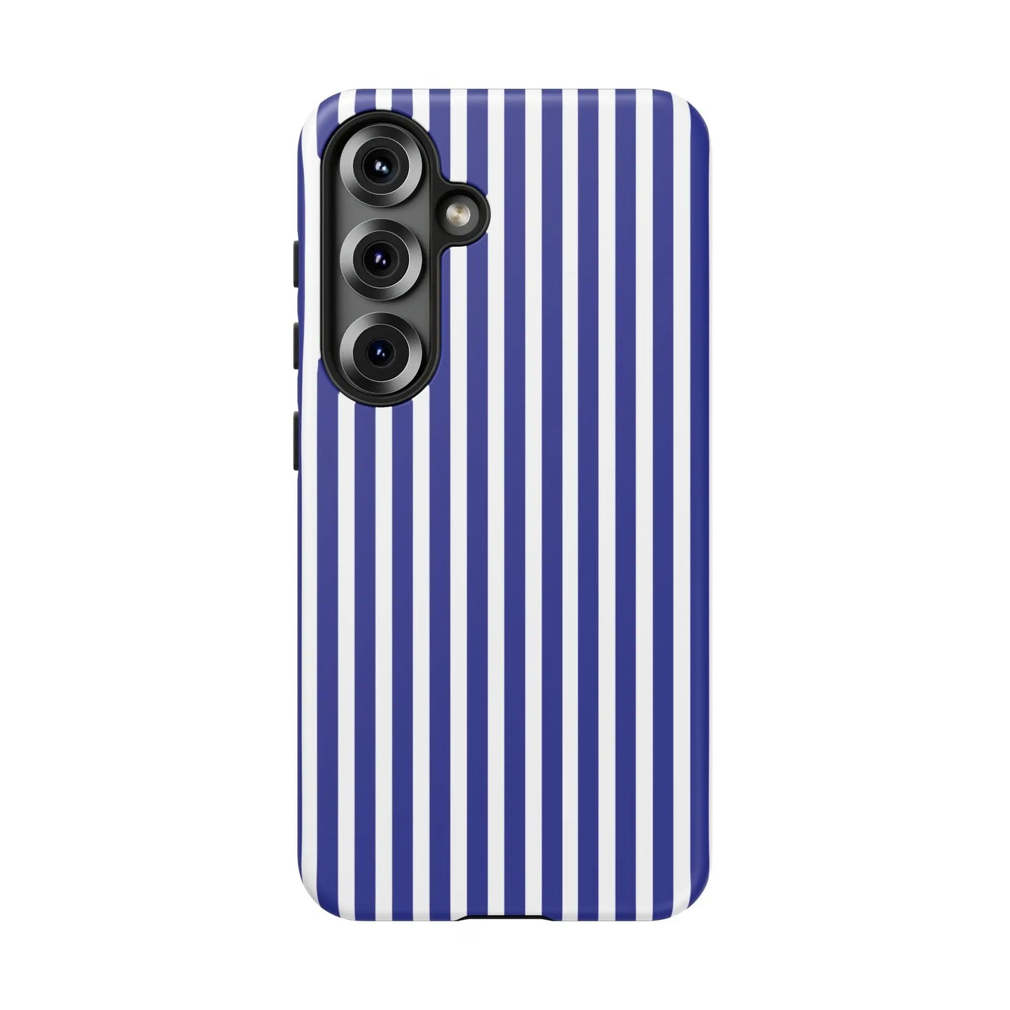 Blue white striped tough phone case with hard shell design for protective and stylish phone cover back view