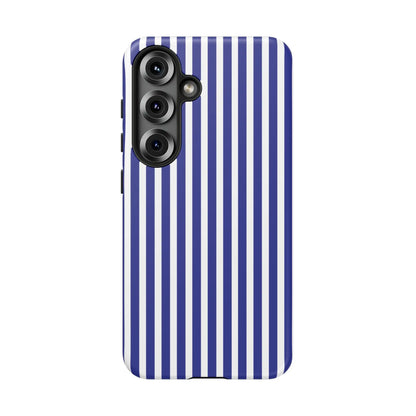 Blue white striped tough phone case with hard shell design for protective and stylish phone cover back view