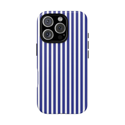 Blue white striped tough phone case with hard shell protective cover shown from the back side