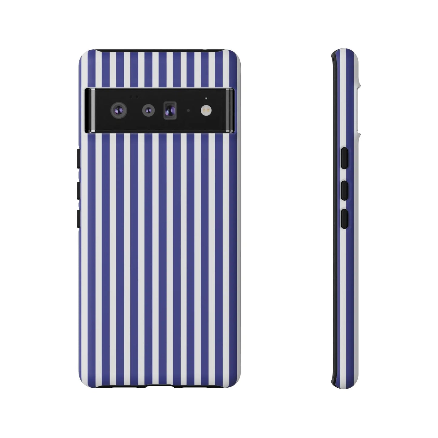 Back view of a hard shell phone case with blue white striped tough design for google pixel 6 pro protection