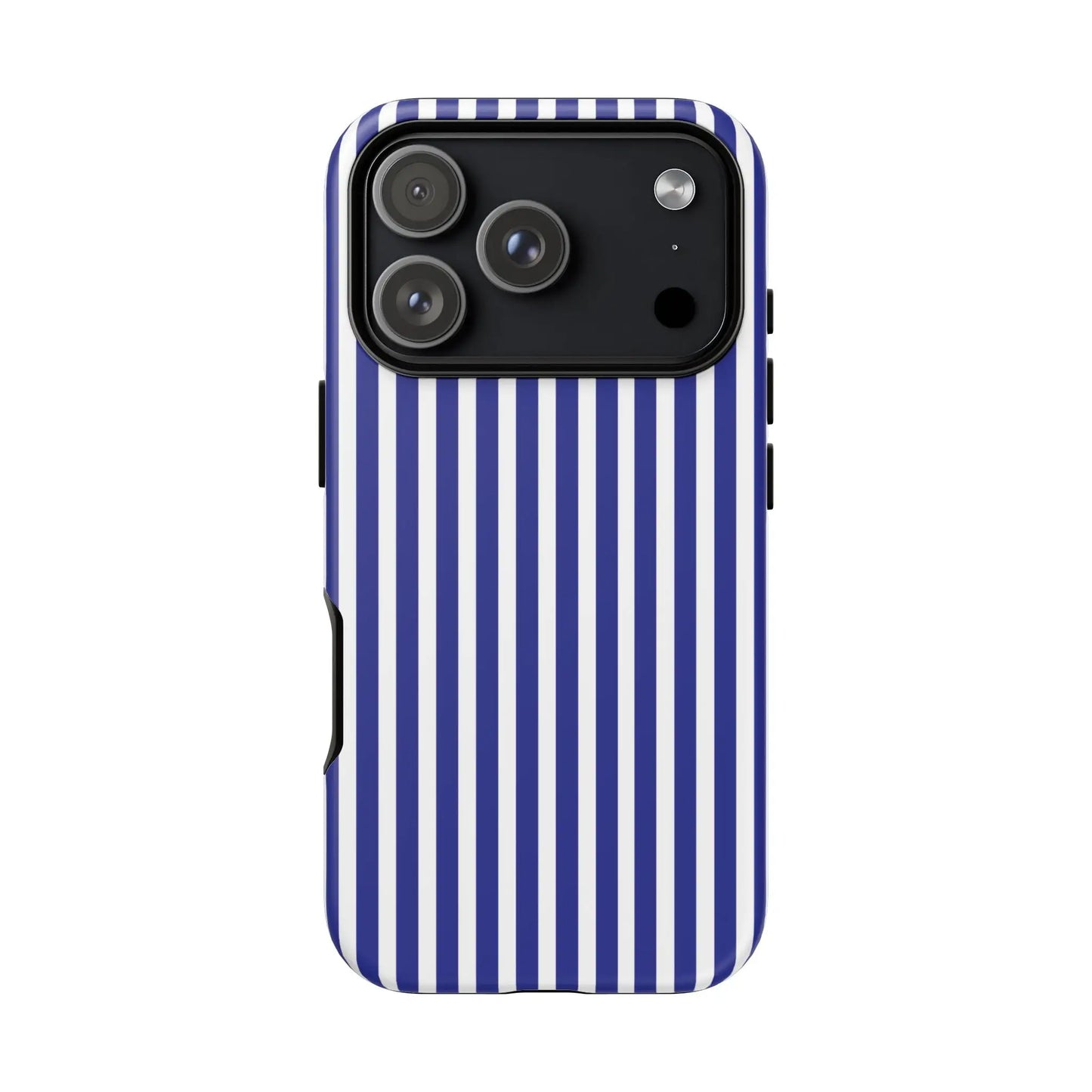 Back side of a blue white striped tough phone case with a hard shell design for protective phone cover use