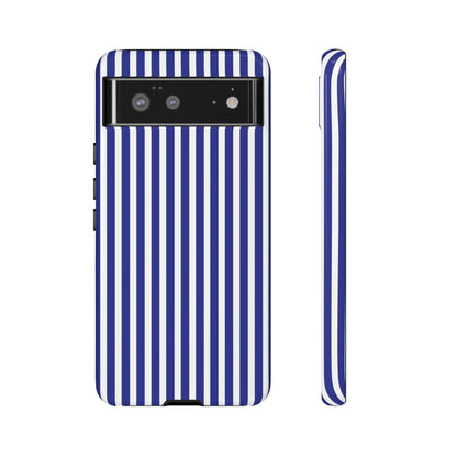 Back side of a blue white striped phone case with a hard shell design and white striped tough protective cover