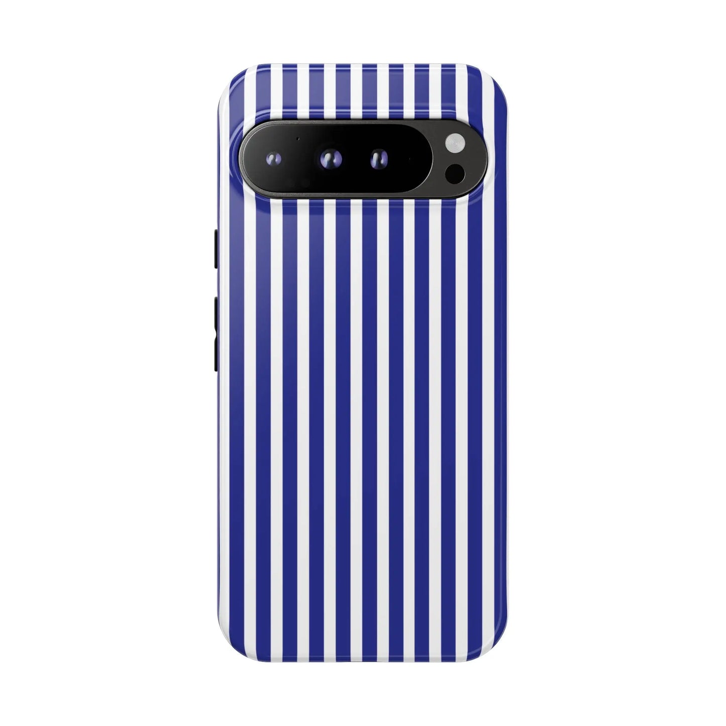 Back of a blue white striped tough phone case with bold vertical stripes designed for modern smartphone protection