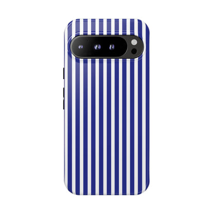 Back of a blue white striped tough phone case with bold vertical stripes designed for modern smartphone protection