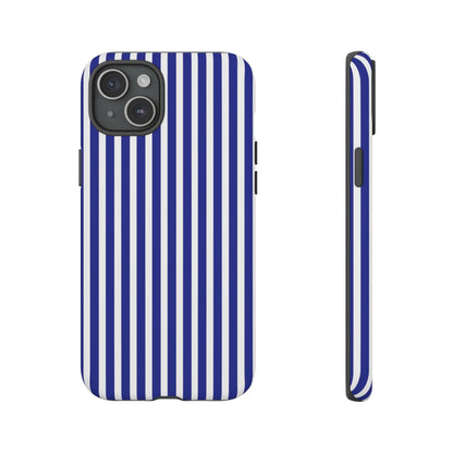 Blue white striped tough phone case with hard shell design for protective phone cover back side view