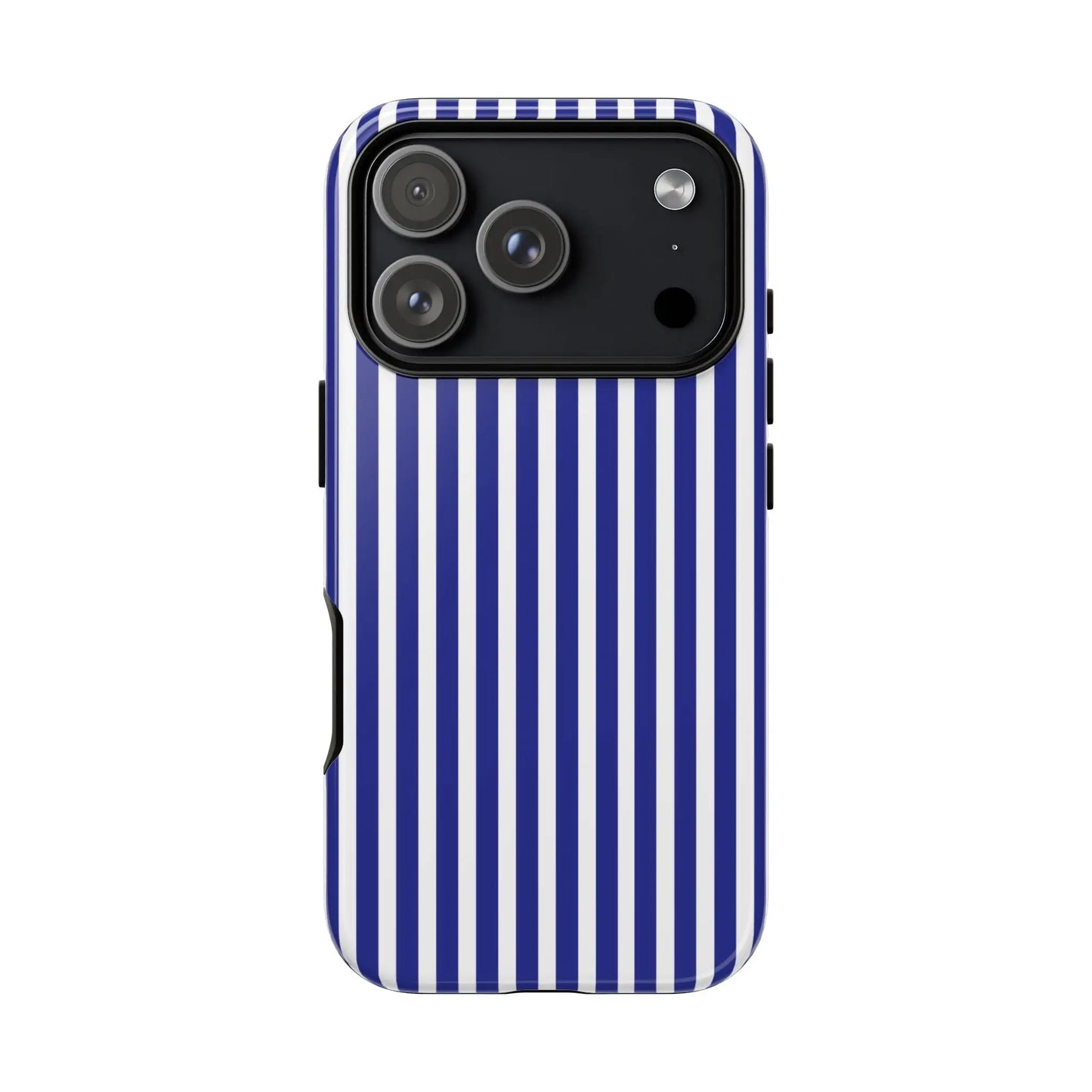 Back side of a navy blue and white striped tough phone case with a hard shell design for durable phone protection