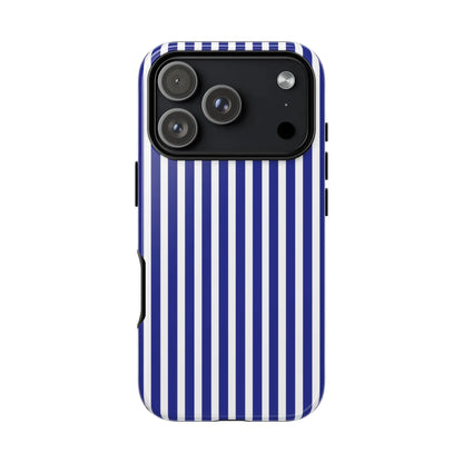 Back side of a navy blue and white striped tough phone case with a hard shell design for durable phone protection