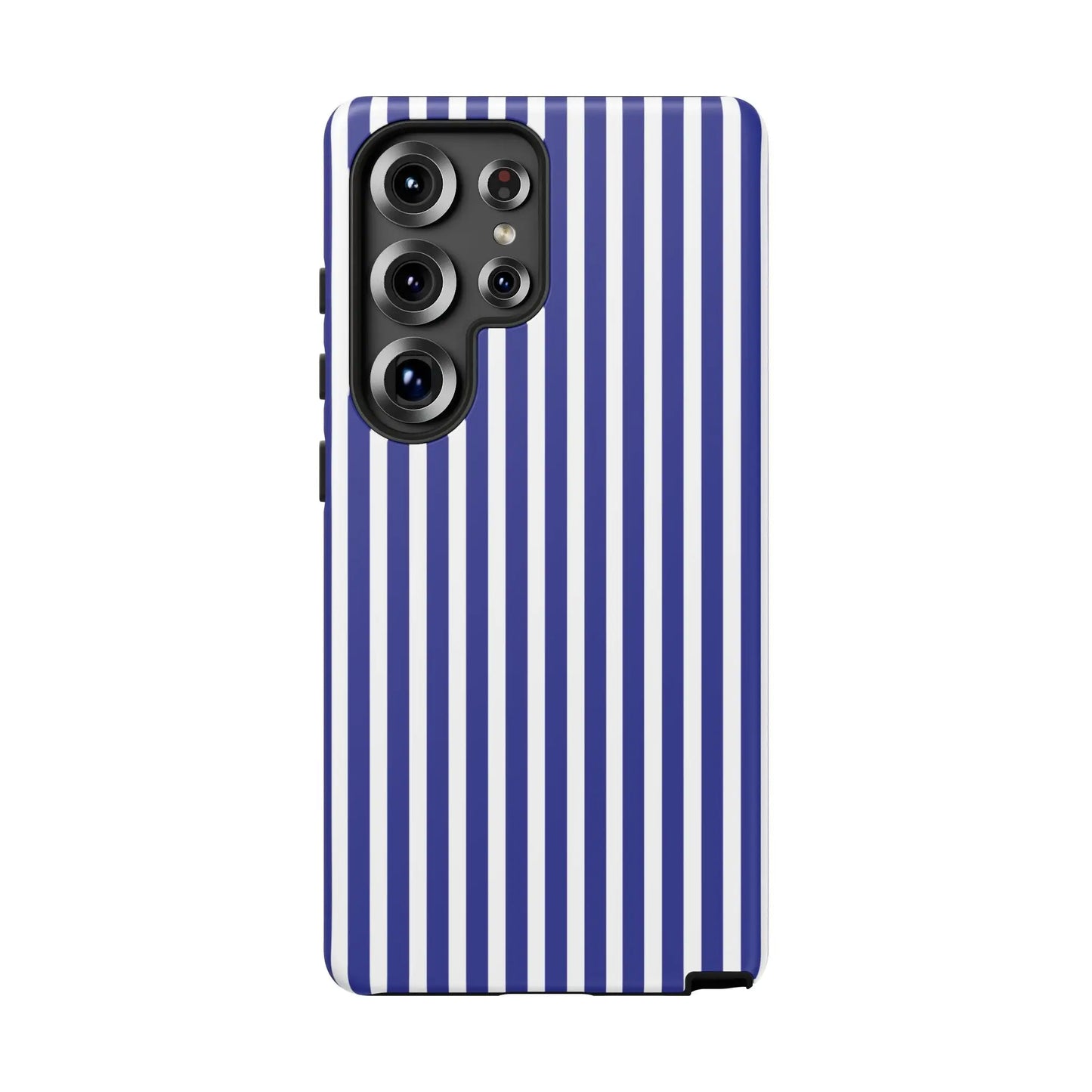 Back side of a sleek blue white striped tough phone case for samsung galaxy s23 ultra with hard shell protection