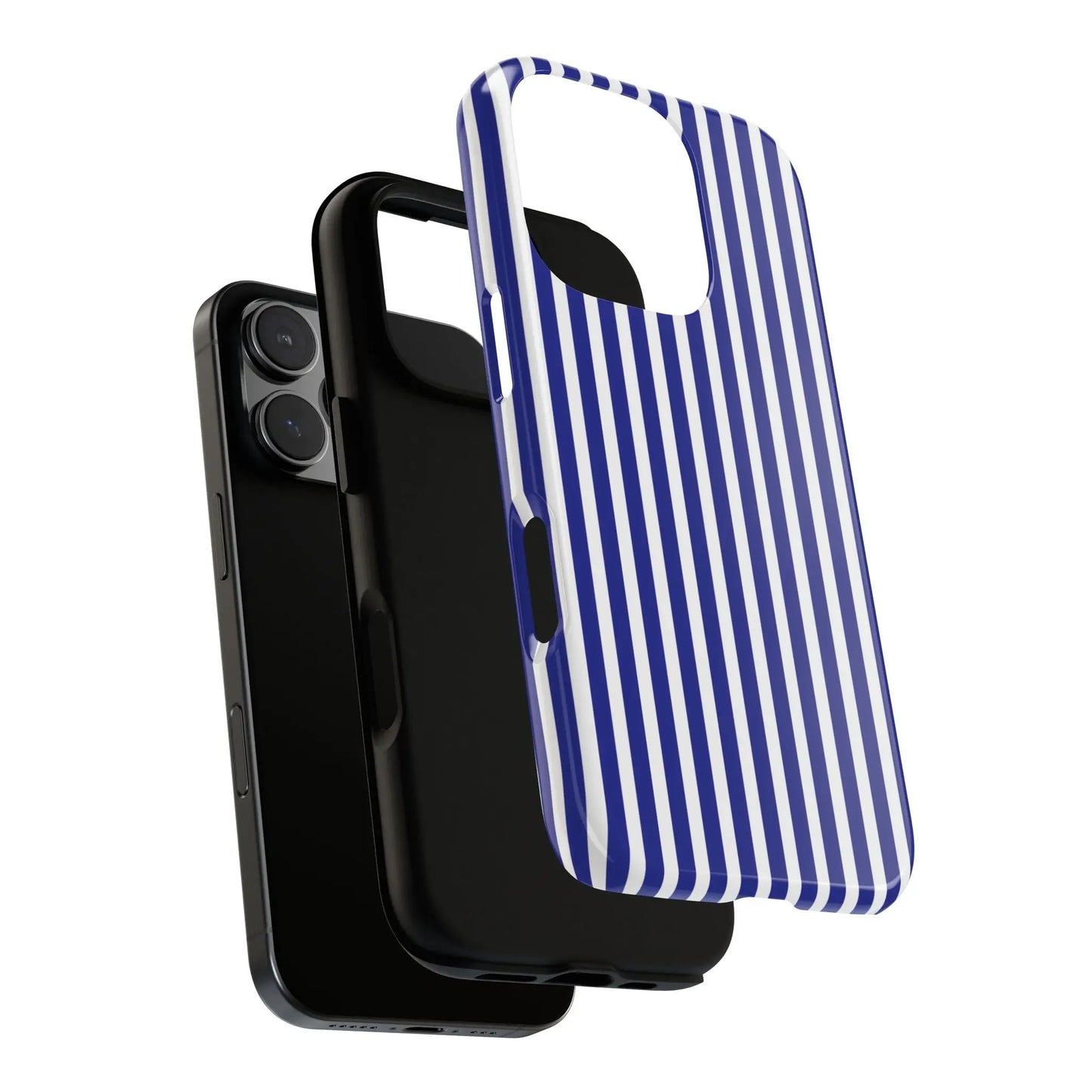 Back side of a sleek blue white striped tough phone case with a hard shell protective cover for phone accessories