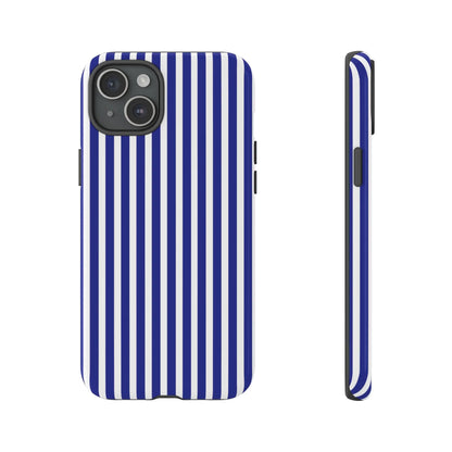 Blue white striped tough phone case with hard shell protective cover shown from the back side