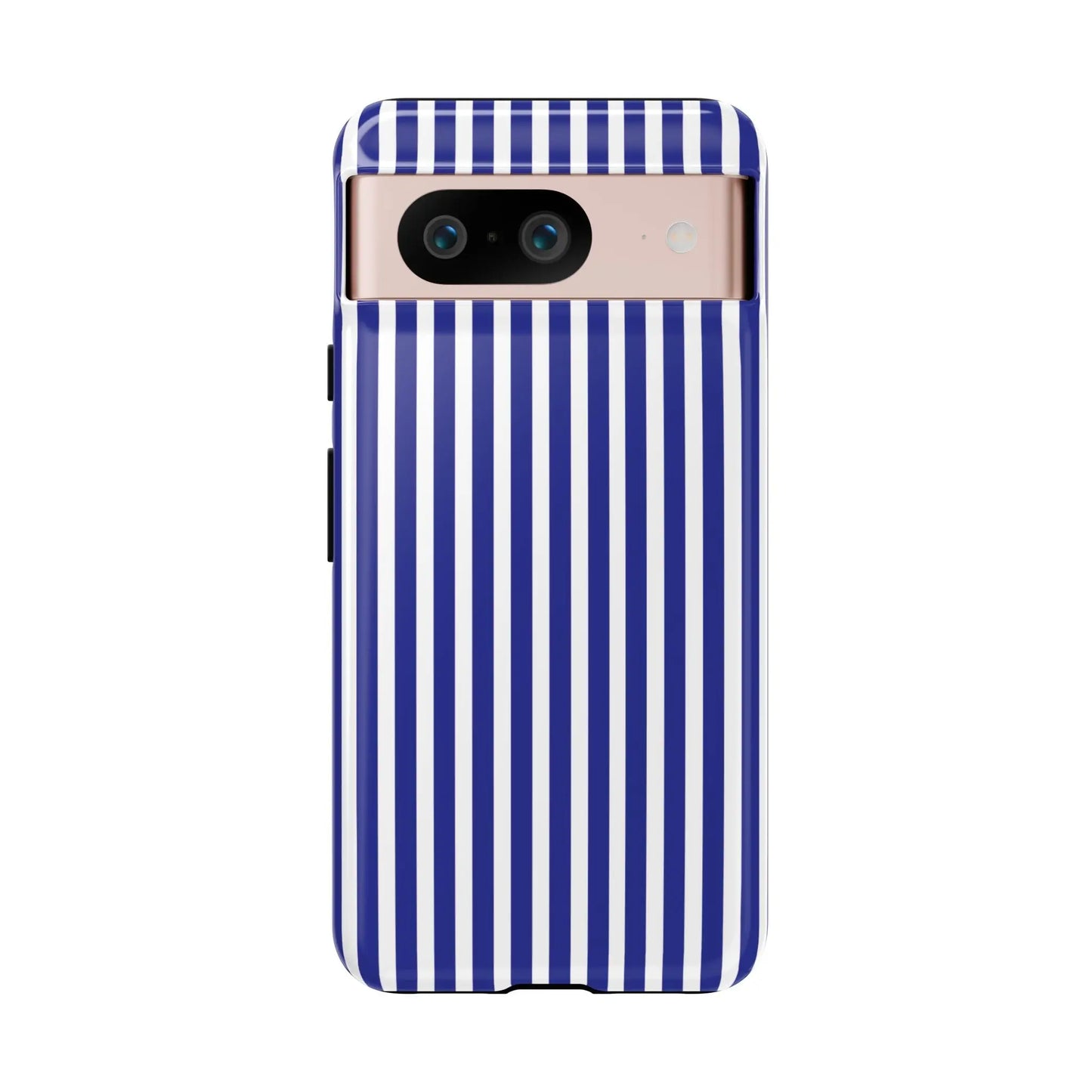 Back view of a hard shell phone case with bold navy blue and white striped design for google pixel smartphone protection