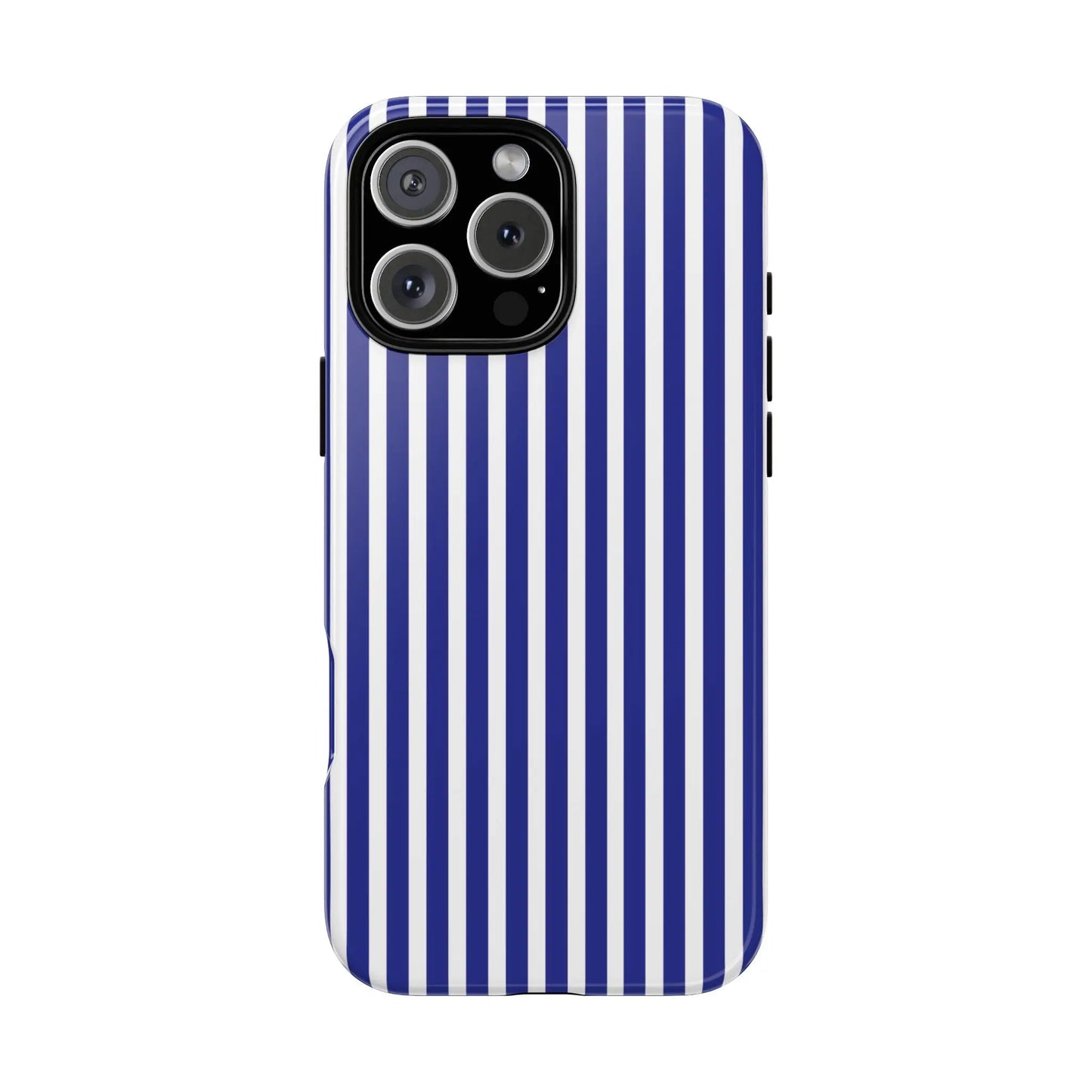 Blue white striped tough phone case with sleek modern design hard shell protective phone cover back side view