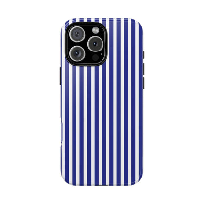 Blue white striped tough phone case with sleek modern design hard shell protective phone cover back side view