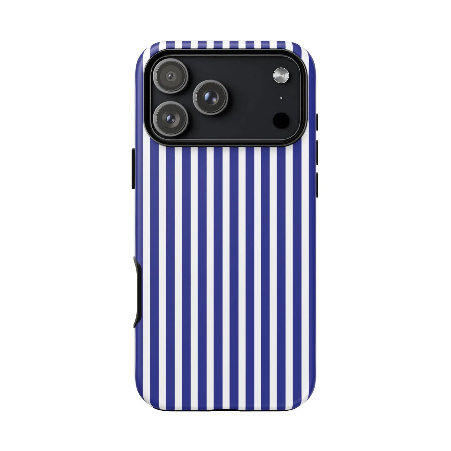 Sleek blue white striped tough phone case with bold vertical stripes and hard shell protective cover for modern smartphones