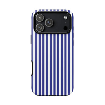 Sleek blue white striped tough phone case with bold vertical stripes and hard shell protective cover for modern smartphones