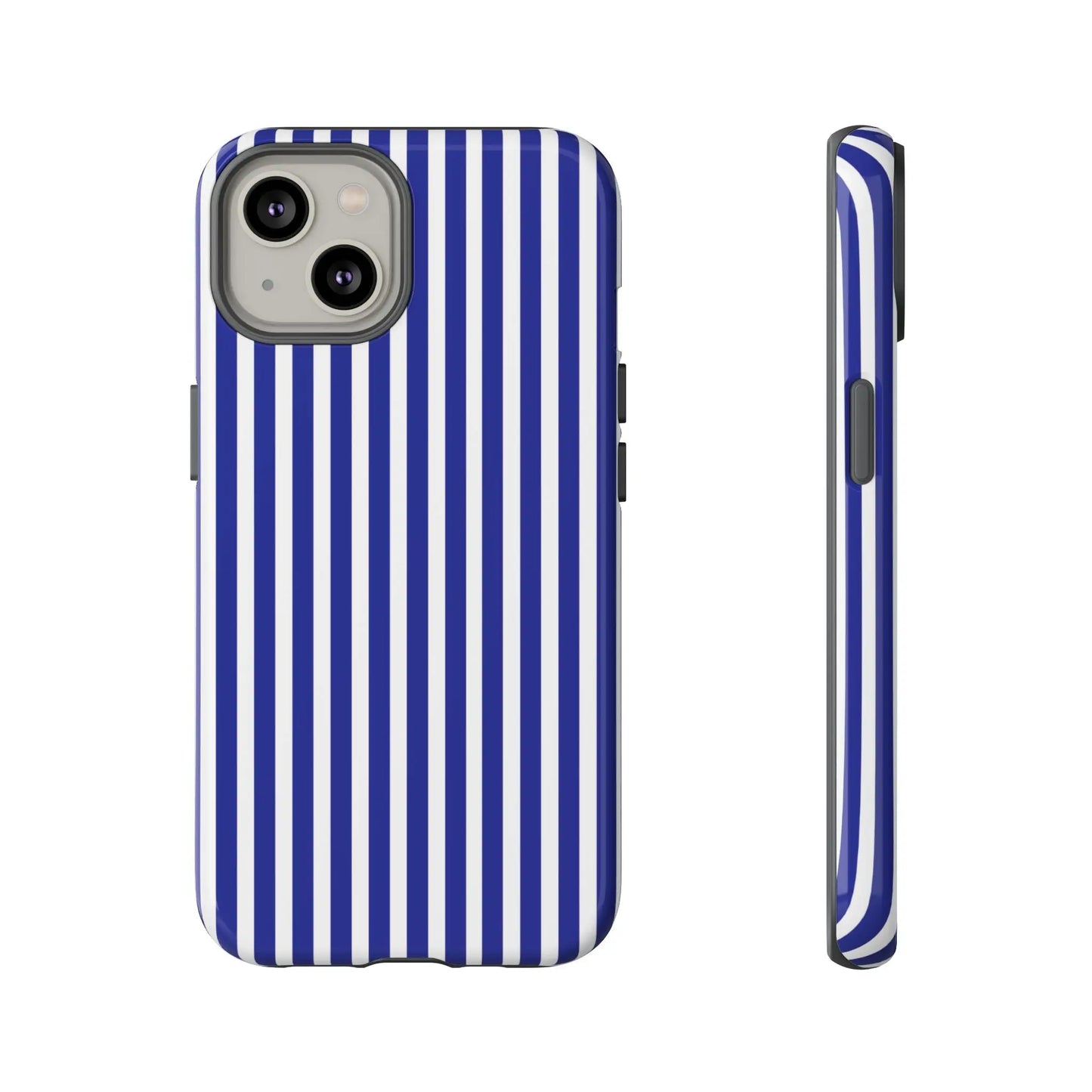 Blue white striped tough phone case with hard shell protective cover showing back side design