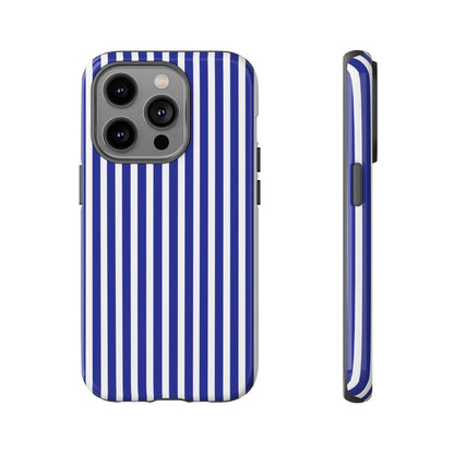 Blue white striped tough phone case with a hard shell protective design shown from the back side