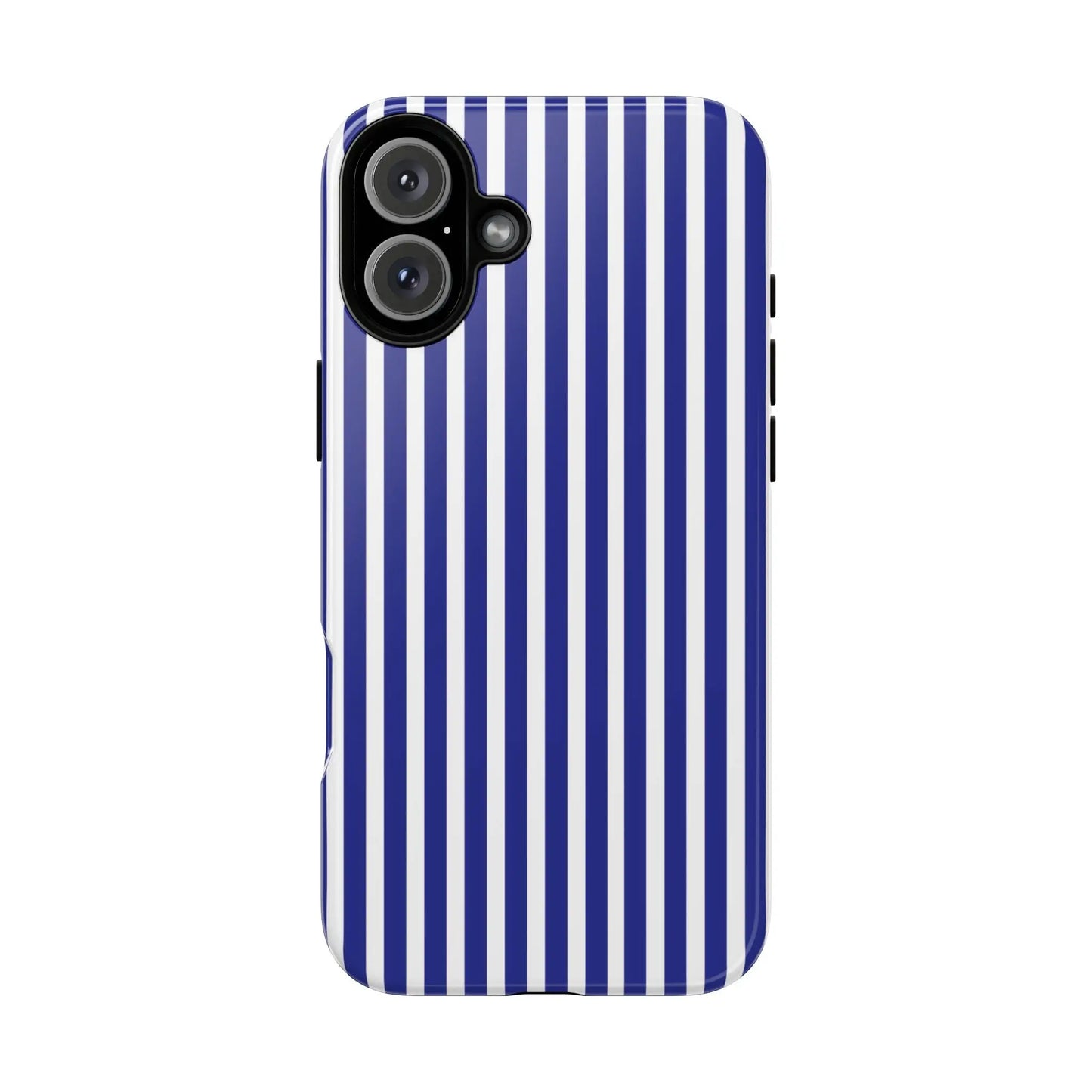 Blue white striped tough phone case with hard shell protective cover shown from the back side