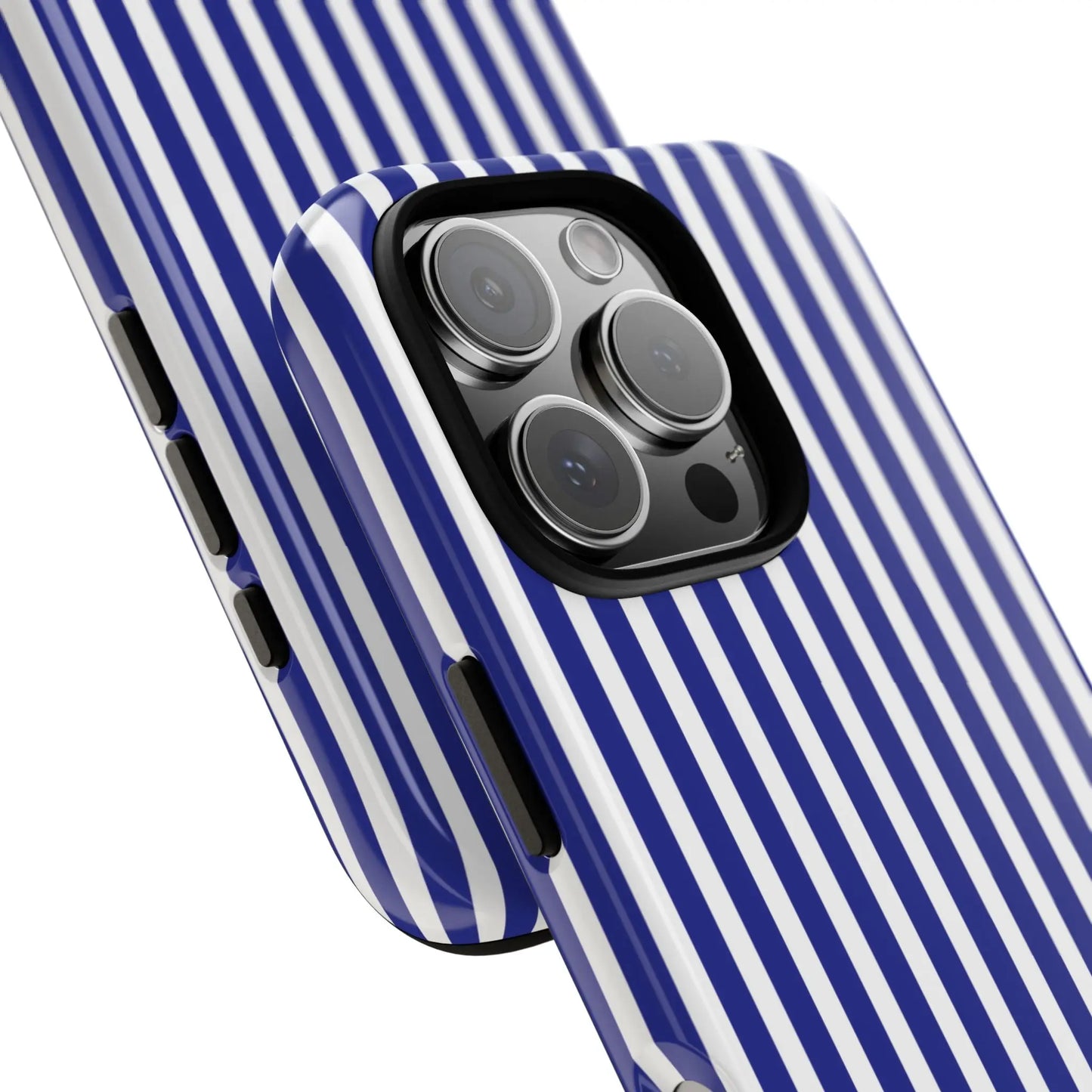 Blue white striped tough phone case with glossy finish for iphone 13 pro max protective hard shell cover back view