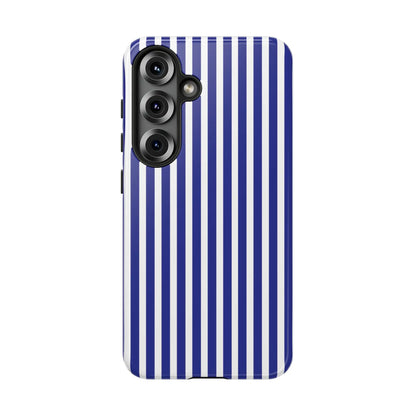 Blue white striped tough phone case with hard shell design for protective modern phone cover back side view