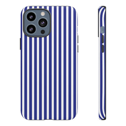 Blue white striped tough phone case with hard shell back and sleek modern protective cover design