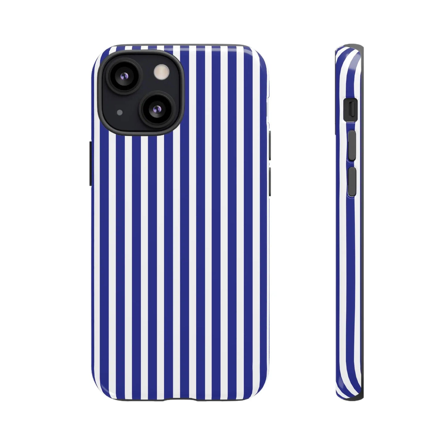 Blue white striped tough phone case with vertical stripes hard shell protective cover shown from the back side
