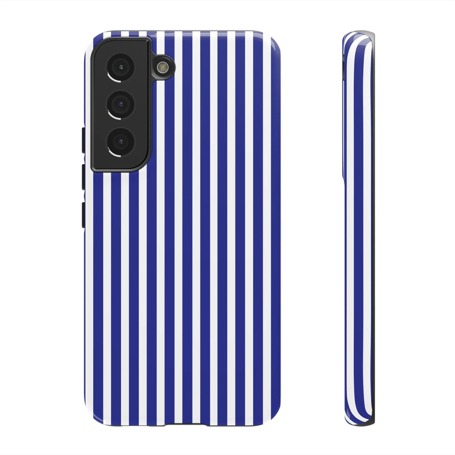 Blue white striped tough phone case hard shell protective cover for samsung galaxy s21 back side view