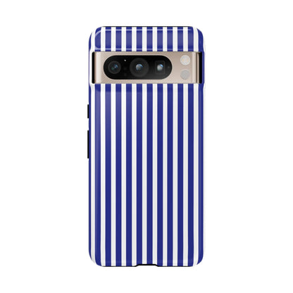 Back side of a sleek blue white striped tough phone case for google pixel 8 pro with hard shell protective cover