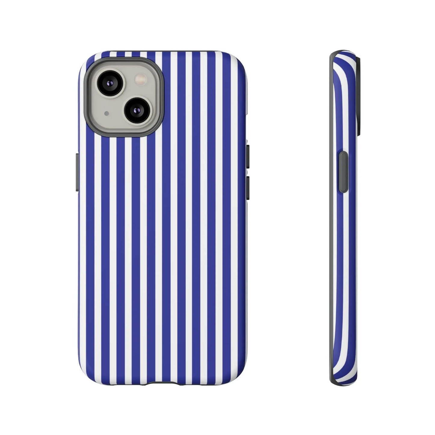 Blue white striped tough phone case with hard shell protective cover and sleek modern design shown from back side
