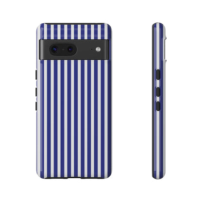 Back side of a blue white striped tough phone case with a hard shell design for protective phone cover use