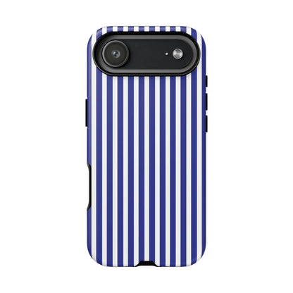 Blue white striped tough phone case cover with hard shell and black camera cutout shown from the back side