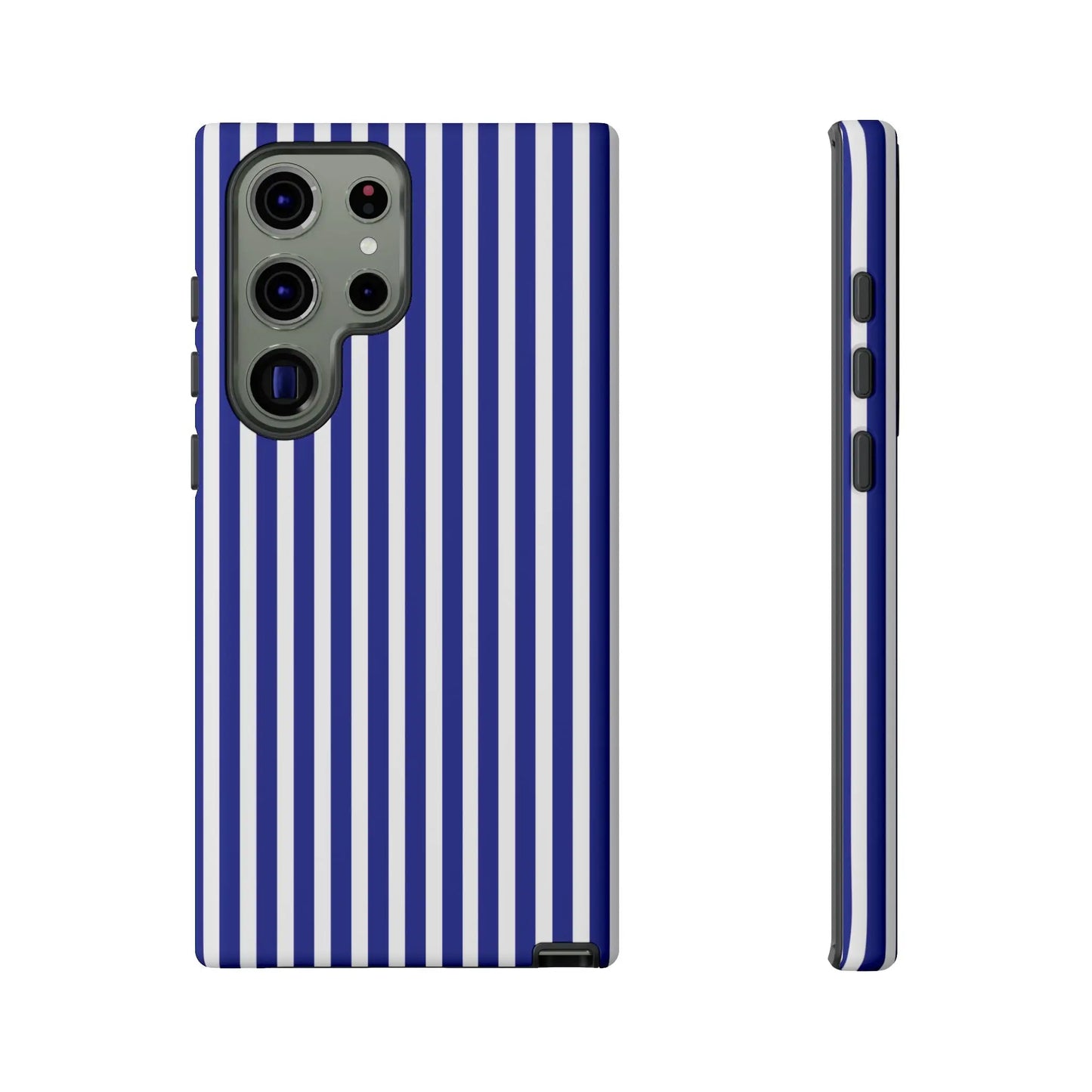 Blue white striped phone case with hard shell protective cover showing the back side of the tough case design