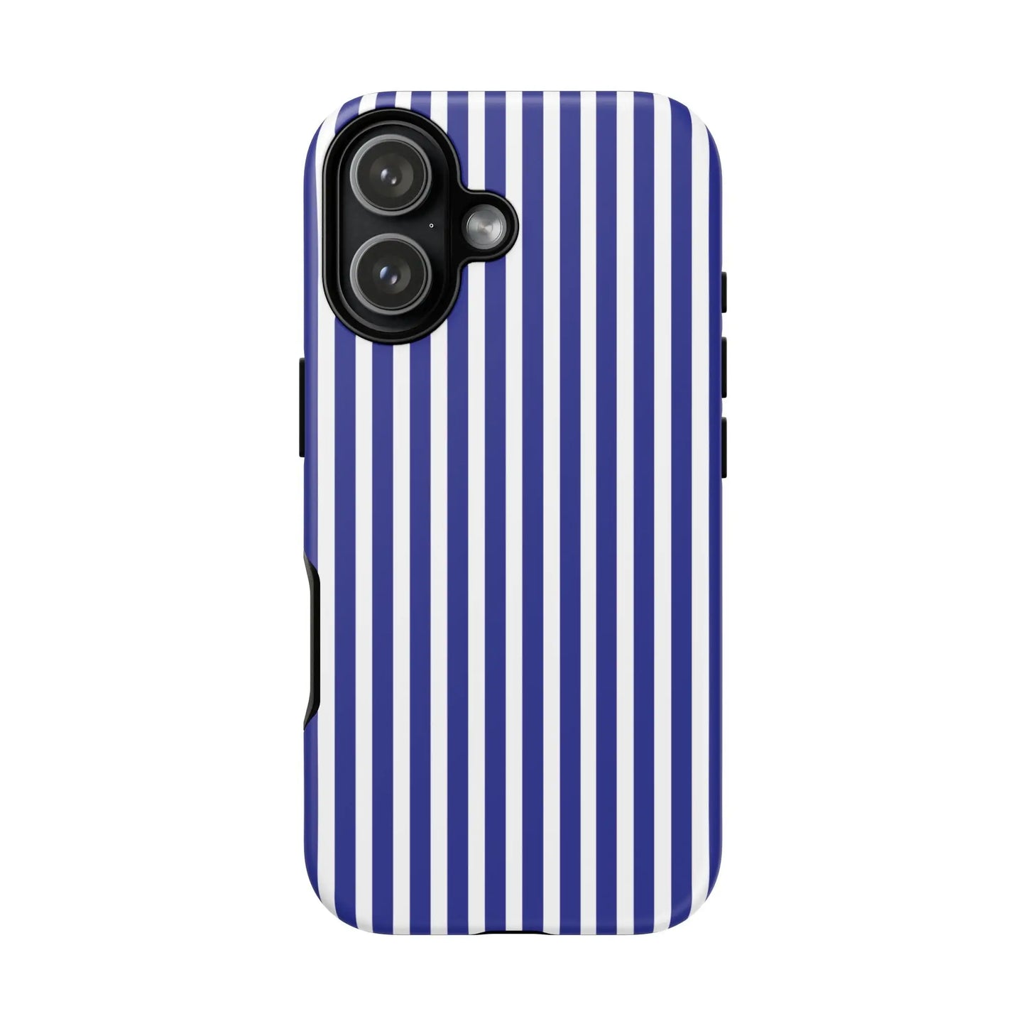 Blue white striped tough phone case featuring hard shell protective cover shown from back side