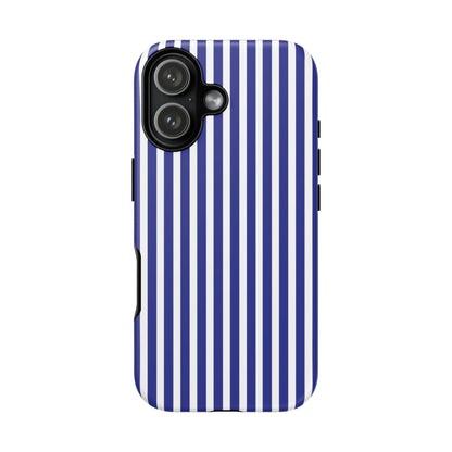 Blue white striped tough phone case featuring hard shell protective cover shown from back side