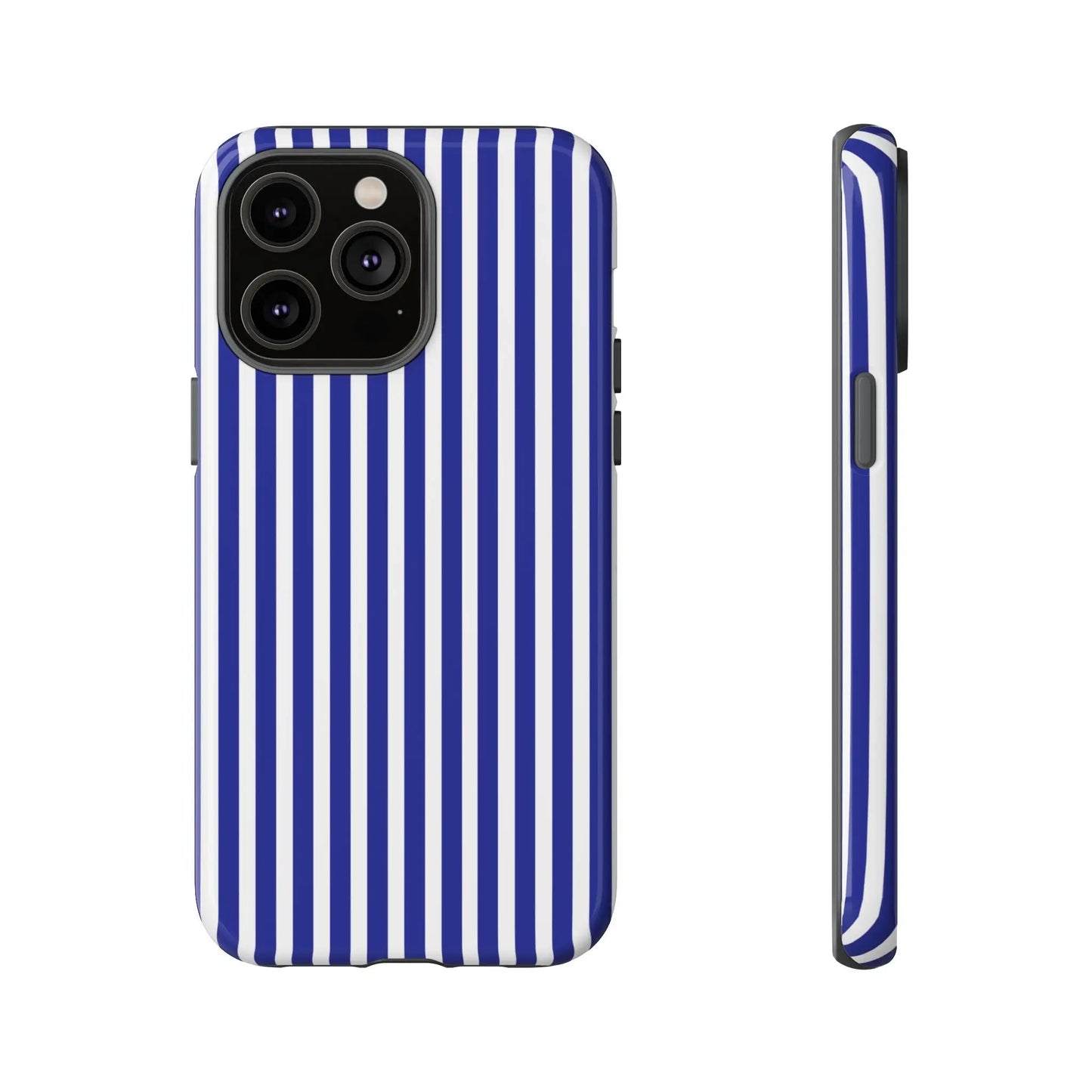 Blue white striped tough phone case with hard shell protective design shown from the back side
